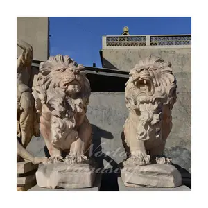 Patung Hewan Batu Dekorasi Taman, Patung Keluarga Singa Marmer Ukiran Besar
