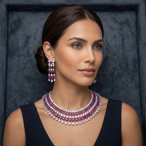 Brass Rhodium Plated <b>Ruby</b> Pink White Zircon Bridal Choker <b>Necklace</b> Earrings Set Custom Size Bollywood Style Indian Wedding Party - Product Image 2