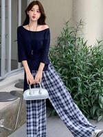 2025 début automne nouvelle mode femmes ensemble décontracté Design Unique mi-manches T-Shirt & taille haute minceur Plaid jambe large un ensemble