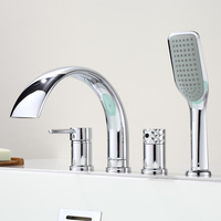 Robinet de lavabo cascade moderne à poignée unique en or brossé pour salle de bain, montage sur pont, 4 trous, avec douchette à main