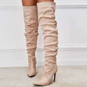 Elastic Knee <b>Boots</b> 2022 Autumn New European and American Pointed Suede High Tube Black Zipper Stiletto High Heel Women's <b>Boots</b> - Product Image 1