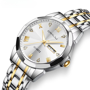 Montre classique pour homme en acier inoxydable bicolore, chiffres romains, index diamantés, calendrier lumineux, étanche, quartz, pour affaires - Product Image 3