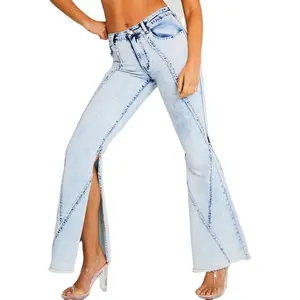 DiZNEW נשים אופנה גבוהה מותניים רחב רגל מכנסיים מכנסי פעמון ג 'ינס גברת רטרו התלקחות ג' ינס