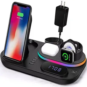 Slim Folding Wireless Charging Dock Station Qi 15W Fast 5 in 1 One Foldable Wireless Charger with LED Clock and Atmosphere Light