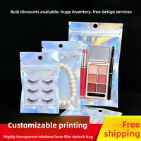Sac d'emballage avec fermeture éclair d'un côté, transparent, scellé, en aluminium holographique et plastique, pochette à bijoux réutilisable arc-en-ciel