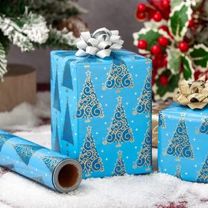 Reversible Blue Christmas Wrapping <b>Paper</b> <b>Roll</b> 17 In x 32.8 Ft Double Side Gift <b>Wrap</b> for Holiday Crafting - Product Image 2