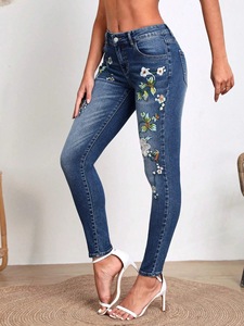 Jeans Skinny Extensibles Élégants pour Femmes, Style Européen, Broderie Motif Pot de Fleurs, Coupe Slim Fuselée en Denim - Product Image 1