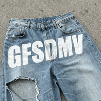 Celana Jeans Baggy Pria Ouna Custom Warna Biru Muda Denim Lebar Model Patchwork Print Streetwear Distressed Kasual Utility