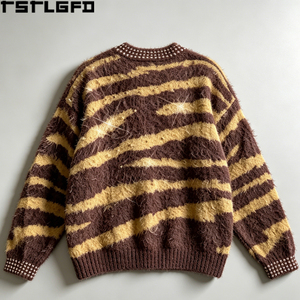 Pull en tricot personnalisé à strass, motif zèbre marron, col rond, style streetwear, vente en gros - Product Image 6