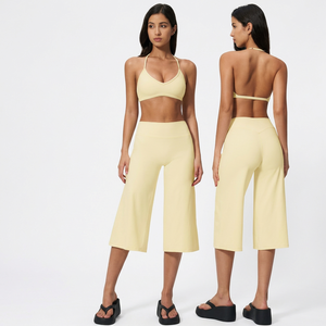 Cream 2 Piece Yoga Set Deep V Neck <b>Halter</b> Crop <b>Top</b> High Waist Wide Leg Calf-Length Pants Breathable Spandex Nylon Seamless - Product Image 1