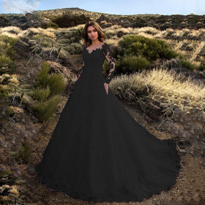 Vestido de Novia de Manga Larga, Color Sólido, con Encaje Transparente - Product Image 2