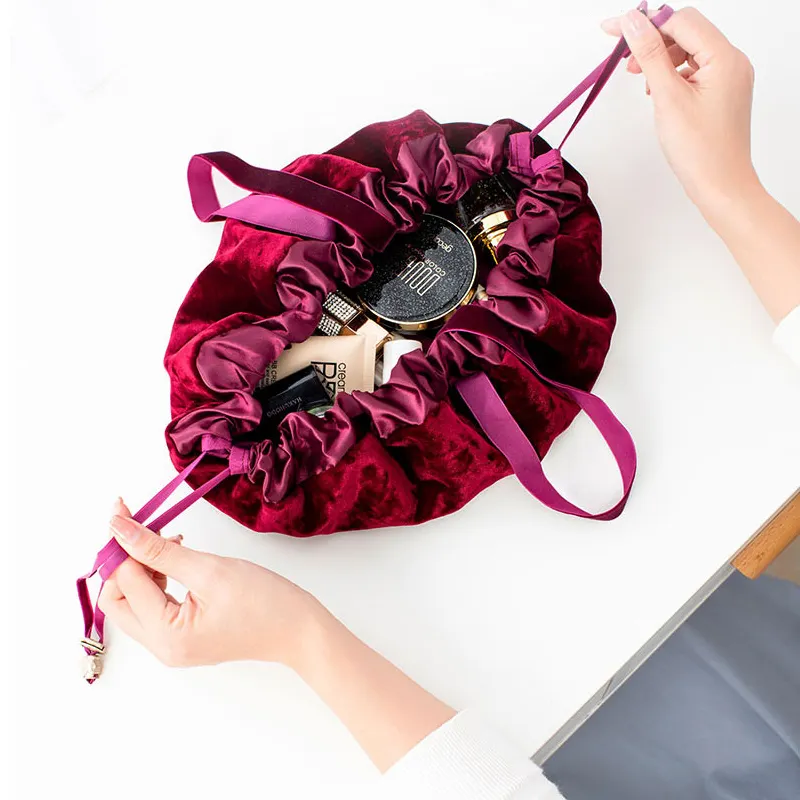 Custom Velvet String Drawstring makeup bag embroidered velvet Flat Lay Makeup Organizer Cosmetic Bag