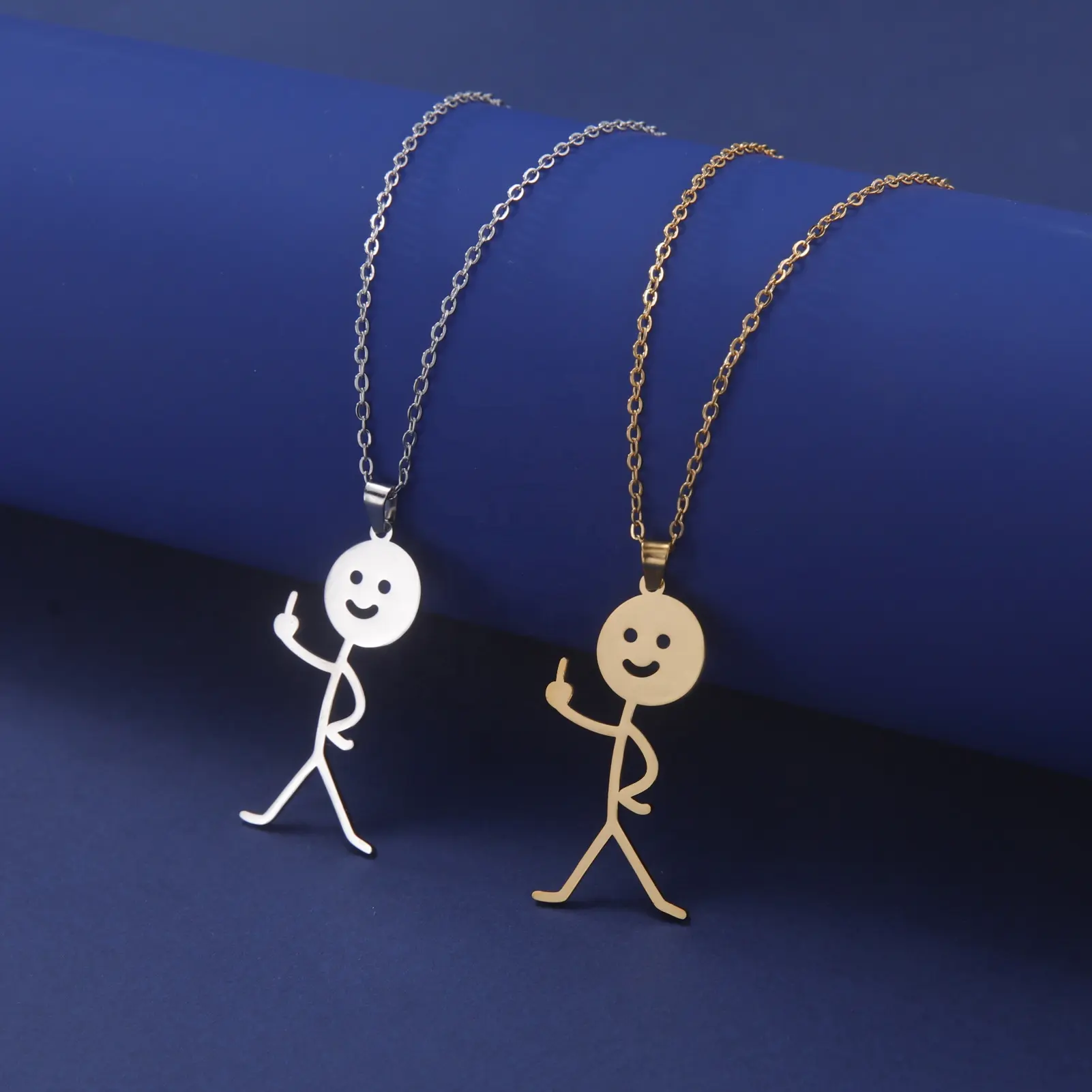 Rock Punk Doodle Middle Finger Stickman Pendant Stainless Steel Necklace Fashion Jewelry Necklaces For Woman Men