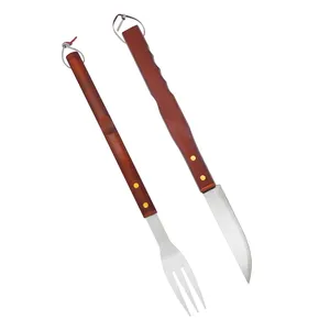 Di alta classe di strumenti barbecue BBQ coltello e forchetta set di Cottura Alla Griglia in acciaio inox barbecue coltello bbq forks e manico in legno