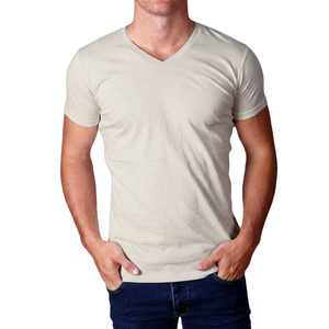 T-shirt à col en V personnalisé pour hommes, options de taille plus, logo en jersey blanc respirant en mélange de coton et polyester doux sur le devant - Product Image 1