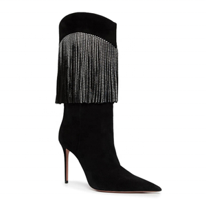Luxury Diamonds Tassels Women Custom Knee High Boots Sexy Pointy Toe Stiletto Heels <b>Shoes</b> Fancy Suede Long Women Booties - Product Image 3