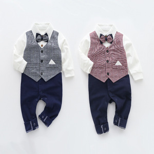 Combinaison bébé garçon à carreaux, style smoking, tenue de gentleman formelle avec nœud papillon pour baptême, combinaison bébé confortable - Product Image 3