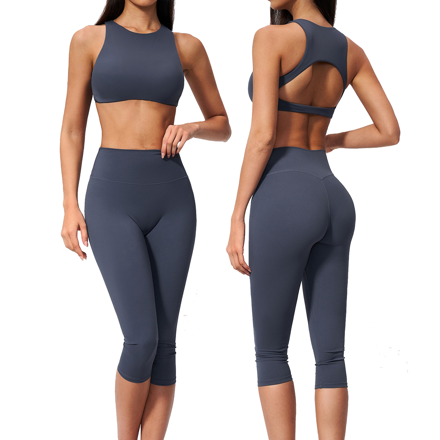 Cross-Border Leisure Sports Suit Solid Breathable Shockproof High Waist Hip-Lifting Abdomen Outdoor Running Fitness Yoga 2-Piece