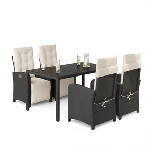 Set da pranzo da giardino a 4 posti con braccioli regolabili in rattan PE nero, mobili da esterno in stile contemporaneo - Product Image 1