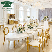 Table de banquet de mariage de luxe, plateau en MDF blanc, pieds en acier inoxydable doré, salle de réception, table à manger demi-ovale