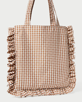 Sac fourre-tout à volants en toile gingham marron crème imprimé sur mesure, sac à bandoulière vintage en coton à carreaux, sac à main en toile style Cottagecore, vente en gros