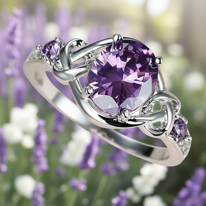 Anello di fidanzamento da donna con gemma naturale ovale viola, in acciaio inossidabile placcato rame con montatura a griffe, pietra portafortuna di febbraio, modello Q551 - Product Image 2