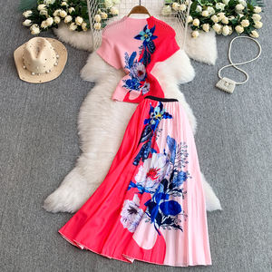 Haut de gamme femmes deux pièces ensembles nouvelle mode élégant bureau dames à manches courtes T-shirt + longue Maxi jupe plissée deux pièces ensemble - Product Image 3