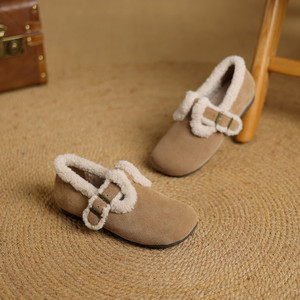 2025 mode boucle sangle hiver Birkenstocks chaussures haute qualité daim supérieur chaud doublé polaire antidérapant semelle en caoutchouc abricot - Product Image 5