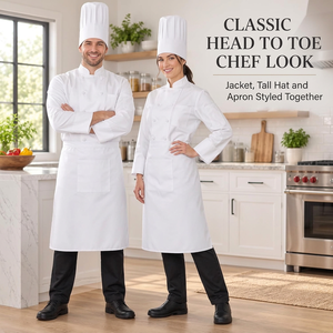Men's <b>White</b> 3 Piece Chef Uniform Kit Long Sleeve Chef Coat Jacket Hat <b>Apron</b> Set Restaurant Kitchen - Product Image 4