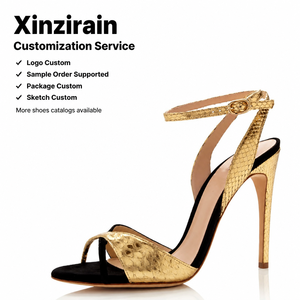 Sandali <span class=keywords><strong>con</strong></span> <span class=keywords><strong>Tacco</strong></span> Alto Xinzirain Personalizzati per Donne, Design in Pelle Nera e Oro, Punta Aperta, Slingback, Produttore di <span class=keywords><strong>Scarpe</strong></span> OEM <span class=keywords><strong>con</strong></span> Etichetta Privata - Product Image 1