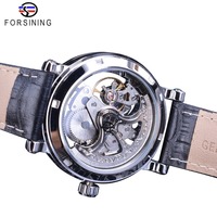 Forsining Silbernes Gehäuse Skelett-Uhrwerk Schwarze Rote Zeiger Echtleder-Armband Automatikuhren für Herren Transparente Uhr