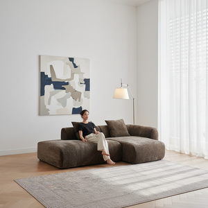 Canapé modulaire vintage français de luxe léger en chenille chocolat, sectionnel en L avec pieds en bois, personnalisable pour villa - Product Image 1