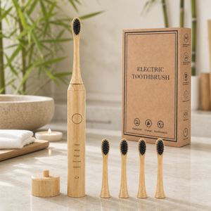 <span class=keywords><strong>Brosse</strong></span> à dents électrique sonique en bambou <span class=keywords><strong>rechargeable</strong></span>, 5 modes, étanche IPX7, avec 4 têtes et base de charge - Product Image 1