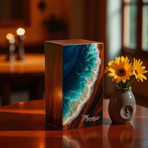 โกศบรรจุอัฐิราคาถูกที่สุด พร้อมอีพ็อกซี่สีน้ำเงินและพื้นผิวขัดเงาด้วยไม้ โกศบรรจุอัฐิสำหรับขายโดยผู้ส่งออก - Product Image 4