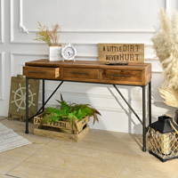 Table console rustique en bois de sapin massif avec pieds en métal, 3 tiroirs, durable, style antique, pour salle à manger, salon, entrée, couloir, appartement