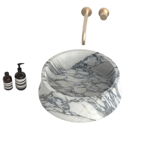 Fregaderos de baño modernos de mármol Arabescato italiano Lavabos de <span class=keywords><strong>roca</strong></span> redondos únicos con instalación en mostrador Estante al mejor precio - Product Image 1