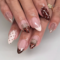 Faux ongles à presser Marron Nude, motifs variés, French Manucure, rayures, pois, brillants, pour salon de manucure, vente en gros et au détail 4560