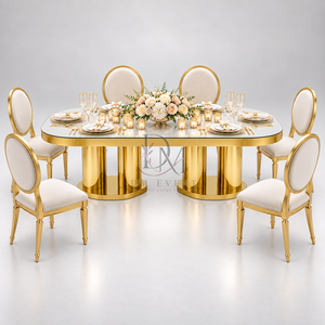 Modern Gold <b>Stainless</b> <b>Steel</b> Dining <b>Table</b> Mirror Glass Top Rounded Rectangle Dual Column Base Event Wholesale Supplier - Product Image 3