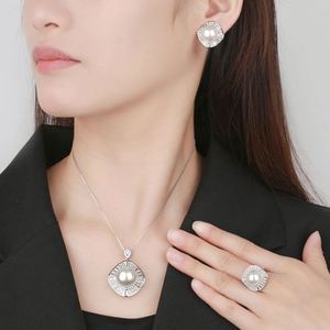 Zhuang Shengsheng Jewelry Women Popular 16-12mm Imitation White Pearl Square Drop <b>Earrings</b> Zircon Copper Gold-Plated Elegant - Product Image 4
