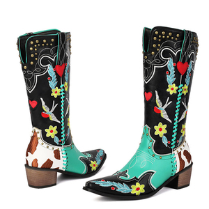 Bottes de chevalier pour femmes avec rivets métalliques, broderies florales, bottes longues de cowboy montantes, chaussures à talons carrés bas multi-motifs pour femmes - Product Image 5