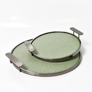 Plateau à café rond de <span class=keywords><strong>luxe</strong></span> de haute qualité essayez l'herbe verte plateau de service en métal de Style moderne pour la maison hôtel Design Unique emballage en boîte - Product Image 1