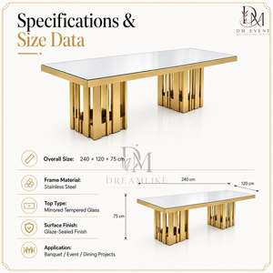 Table de salle à manger rectangulaire haut de gamme en acier inoxydable avec plateau miroir et base à double lattes pour événements et banquets (vente en gros) - Product Image 5