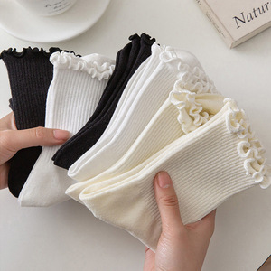 Calcetines de media pantorrilla con volantes para niña y mujer, medias blancas y negras con volantes, venta al por mayor - Product Image 2