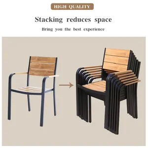 الطعام أثاث فناء خارجي حديقة مجموعة مستطيلة مربع خشب الساج اللون الجدول و تكويم كرسي البلاستيك الخشب 6 مقاعد