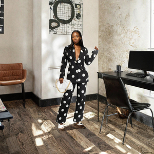 Women Polka Dot Suit <b>Set</b> Long Pants <b>Blazer</b> Full Length Satin Elegant Style Notched Collar Spring Wear - Product Image 2