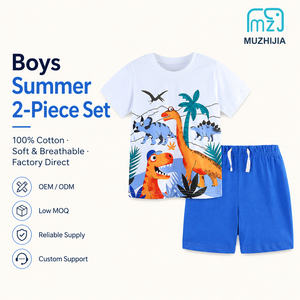 Ensemble 2 pièces d'<span class=keywords><strong>été</strong></span> personnalisé pour garçons, T-shirt et short 100% coton, imprimé dinosaure de dessin animé, tenue décontractée, OEM, faible MOQ, boutique - Product Image 1