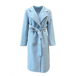 <span class=keywords><strong>Cappotto</strong></span> Lungo da Donna in Cashmere <span class=keywords><strong>Azzurro</strong></span> Chiaro di Nuova Collezione in Vera Lana <span class=keywords><strong>con</strong></span> Cintura - Product Image 1
