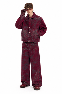 Ensemble veste courte et pantalon large imprimé Paisley bordeaux - Product Image 1