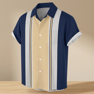 Camisa de Manga Corta con Paneles Verticales Azul Marino y Beige, con Botones y Diseño Casual con Rayas en Contraste Clásicas - Product Image 5