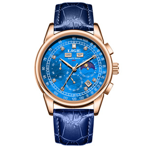 Montre à quartz étanche pour homme, populaire, avec double calendrier, diamants, phases de lune et bracelet en cuir - Product Image 6